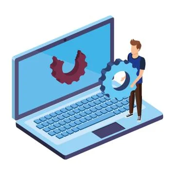 Young man with laptop computer and gear settings Stock Illustration
