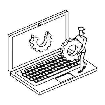 Young man with laptop computer and gear settings イラスト素材