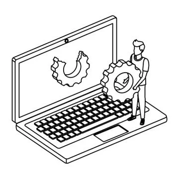Young man with laptop computer and gear settings 스톡 일러스트
