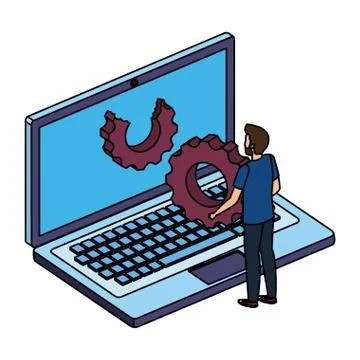 Young man with laptop computer and gear settings 스톡 일러스트
