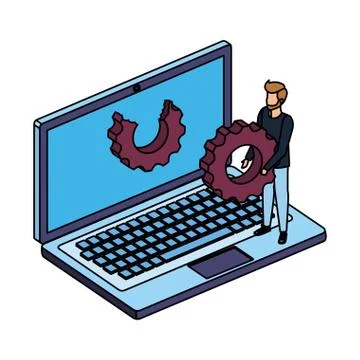 Young man with laptop computer and gear settings 스톡 일러스트