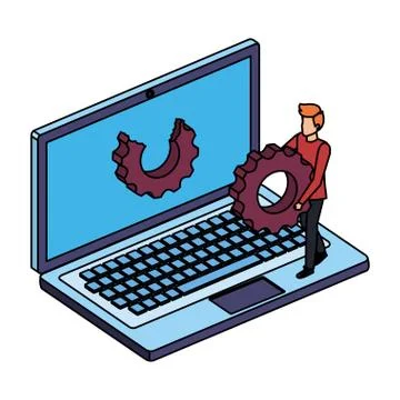 Young man with laptop computer and gear settings 스톡 일러스트