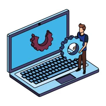 Young man with laptop computer and gear settings Stock Illustration