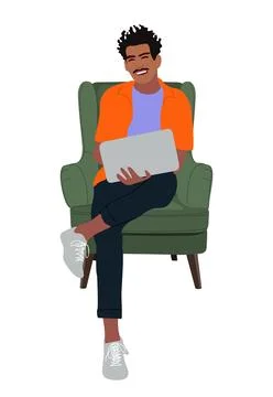 Young man with laptop computer sitting in armchair Stock Illustration