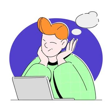 Young Man at Laptop Thinking with Empty Thought Bubble Vector Illustration イラスト素材