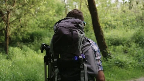 Young Man With a Large Rucksack Walking in the Woods Stock Footage 77674023