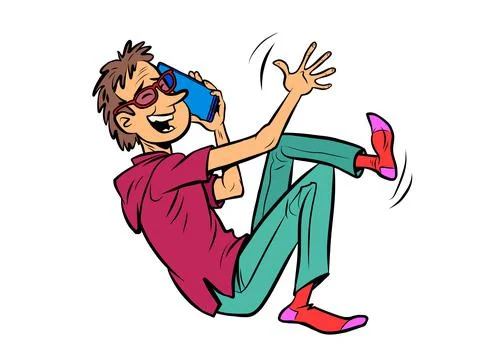 The young man laughs and talks on his smartphone Stock Illustration