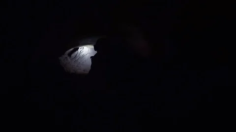 Young man laying on ground explores narrow hole in cave with hand flashlight Video stock 80062185