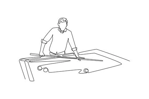 Young man leaning over a billiards table, holding a cue stick Illustrazione stock