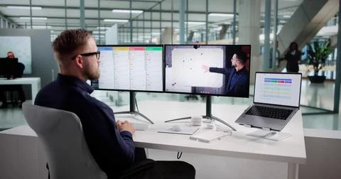 Young Man Learning Agile Methodology Online With Virtual Trainer Coach. Stock Photos
