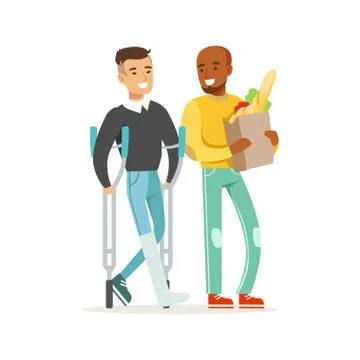 Young man with leg in a plaster using crutches shopping with his friend or 스톡 일러스트