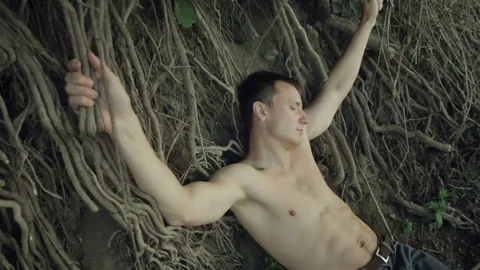 A young man lies among the roots. Video stock 78713425