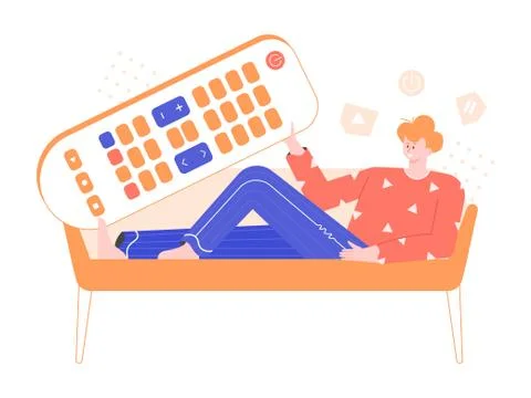 Young man lies on a sofa with a remote control. Ilustração Stock