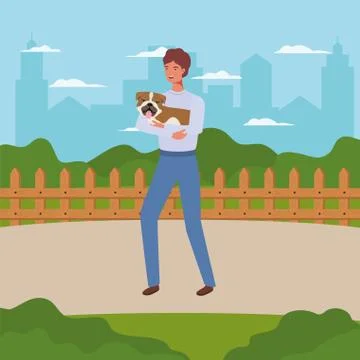 Young man lifting cute dog mascot in the camp Illustrazione stock