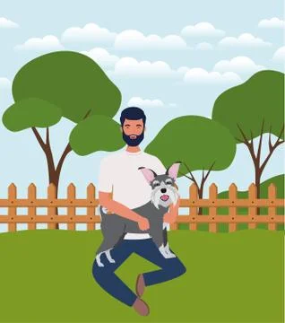 Young man lifting cute dog mascot in the camp Stock Illustration