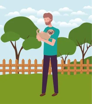 Young man lifting cute dog mascot in the camp Stock Illustration