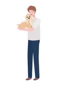 Young man lifting cute dog mascot characters Stock Illustration