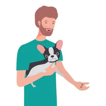 Young man lifting cute dog mascot characters Stock Illustration