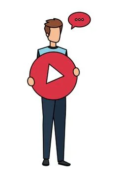 Young man lifting play button with speech bubble Stock Illustration