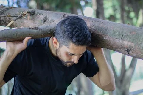 Young man lifting a tree trunk in a forest. lumberjack cutting a tree in th.. Stock Photos