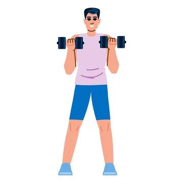 Young man lifting weights and exercising biceps with dumbbells Ilustración de archivo