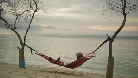 A young man in light water gets up from a hammock stretched between trees on the Stock Footage 267848246