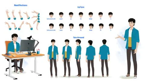 Young man: lips sync, hand gesture, turn around model sheet for animation. Stock Illustration