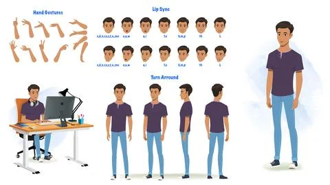 Young man lips sync, hand gesture, turn around character for animation Stock Illustration