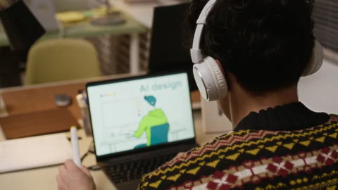 Young Man Listening to Music While Working on AI Design in Evening Office Stock Footage 327768524