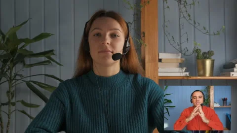 Young man look at web cameras, listen webinar lecture with female leader, coach Stock Footage 152365792