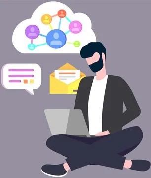 Young man looking for friend through laptop. Guy with computer chatting Ilustración de archivo