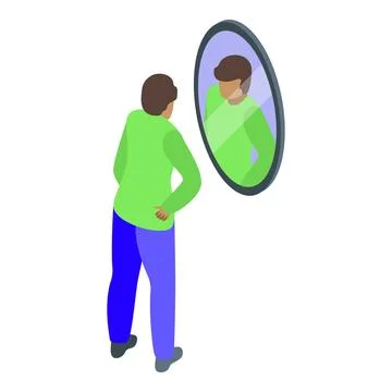 Young man looking at his reflection in mirror, self assessment and introspe.. Stock Illustration