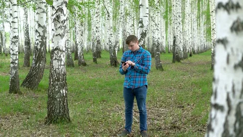 A young man is looking for the Internet in a birch forest. The man is in Stock Footage 130026440