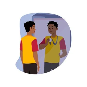 Young man looking in the mirror, imagines himself a winner, in fake reflection Stock Illustration