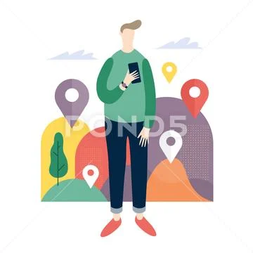 Young man looking at mobile phone apps. Stock Illustration