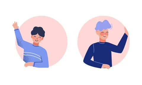 Young Man Looking Out of Round Frame Vector Set Stock Illustration