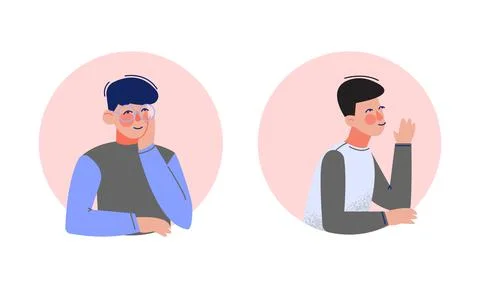 Young Man Looking Out of Round Frame Vector Set Stock Illustration