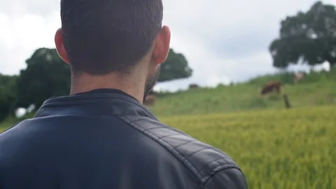 Young man looking over a field with trees and cows in rural area Stock Footage 107276840
