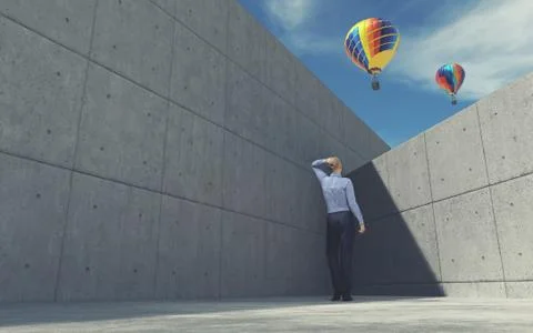 Young man looking over wall at air balloon Illustrazione stock