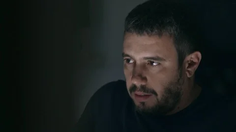 Young man looking on the PC by touching himself - male masturbation Stock Footage 92776732