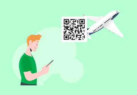 Young man looking at smartphone screen with qr code and airplane on background Stock Illustration