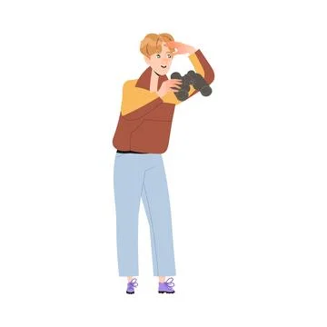 Young Man Looking at Something Interesting with Binoculars Vector Illustration Stock Illustration