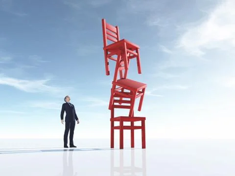 Young man looking at three chairs in equilibrium Illustrazione stock