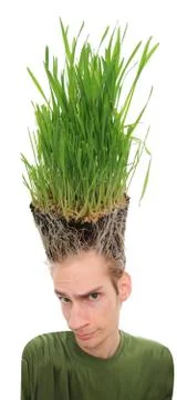 A young man looking upward at the grass growing from the roots on top of his Stock Photos