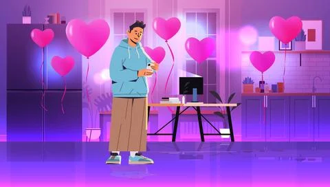 Young man in love using smartphone social media communication valentines day Stock Illustration