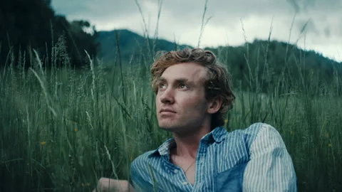 Young man lying alone in the grass, reflecting on life in nature's embrace Stock Footage 321552295