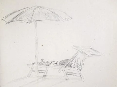 Young man lying on the beach under an umbrella on a sun lounger Stock Illustration