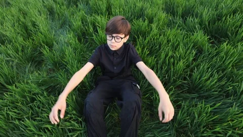 A young man lying in a beautiful field of green grass. Video stock 274159789