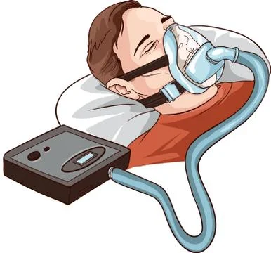 Young Man Lying On Bed With Sleeping Apnea And CPAP Illustrazione stock