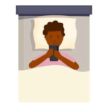 Young man lying in bed using smartphone at night Stock Illustration